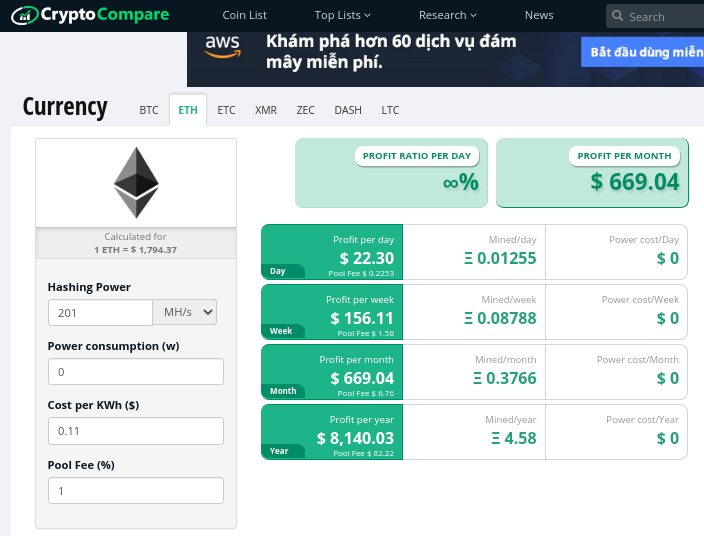 [5] 12/2/2021, CryptoCompare, 201MH/s sẽ cho ra 0.3766 ETH một tháng