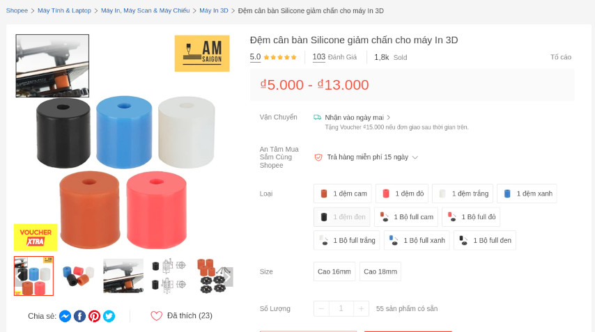 [6] Đệm cân bàn Silicone giảm chấn cho máy In 3D - cao 16mm 